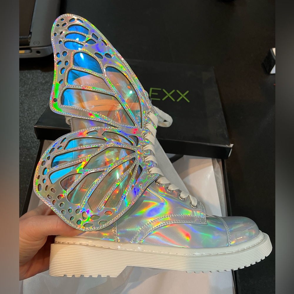 Silver Holographic Metamorphic Butterfly Boots with Wings - Club Exx - Picture 5 of 10